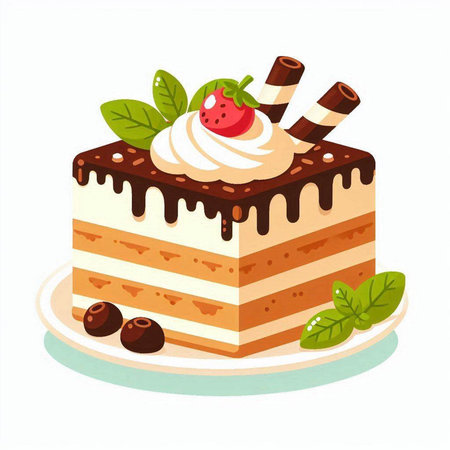 Piece of cake with whipped cream and strawberries, vector illustration.のイラスト素材