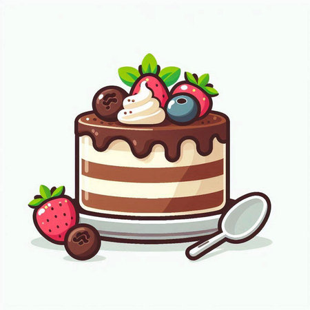 Chocolate cake with cream and berries on white background. Vector illustration.のイラスト素材