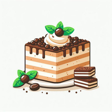 Coffee cake with whipped cream and coffee beans. Vector illustration.のイラスト素材