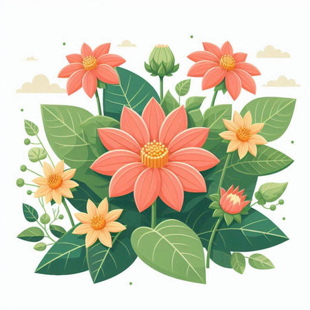 Flower background with dahlias and leaves. Vector illustration.のイラスト素材