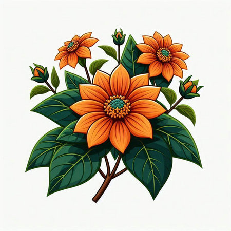 Bouquet of orange flowers with green leaves on a white backgroundのイラスト素材
