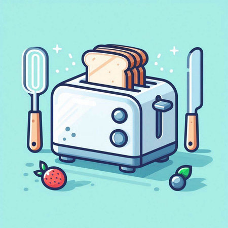Vector illustration of a toaster with bread and kitchen utensilsのイラスト素材