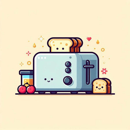 Vector illustration of a toaster with bread and juice in cartoon style.のイラスト素材