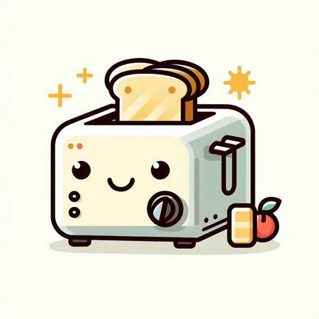 Cute toaster character. Vector flat cartoon illustration. Isolated on white background.のイラスト素材