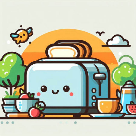 Cute toaster and breakfast in the morning. Vector illustration.のイラスト素材