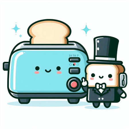 Illustration of cute toaster character with toasted bread and waiterのイラスト素材