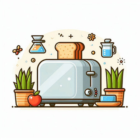 Vector illustration of a toaster in cartoon style with food and plant.のイラスト素材