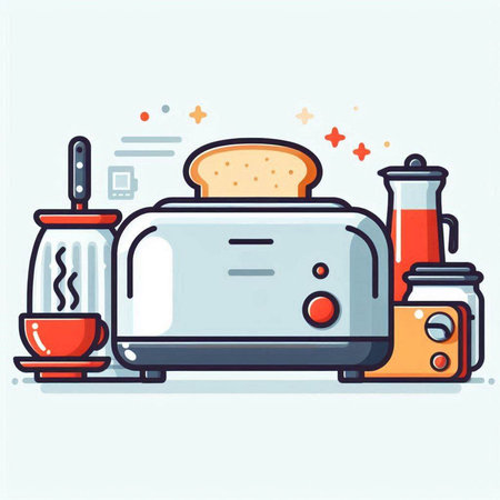 Vector illustration of a toaster with bread and other utensilsのイラスト素材