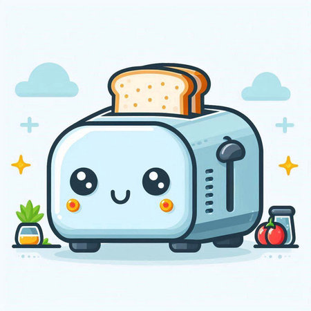 Vector illustration of cute cartoon toaster character in flat design style.のイラスト素材