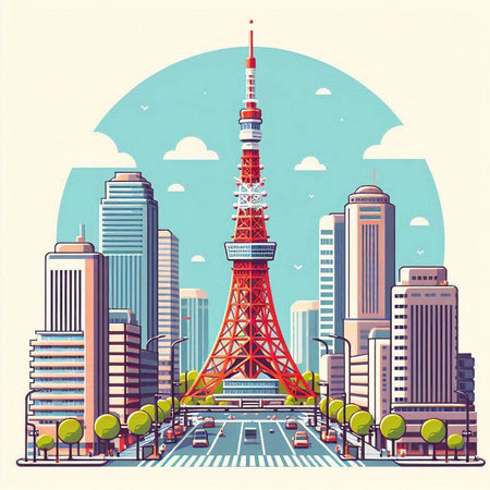 Tokyo tower in Tokyo, Japan. Vector illustration in retro style.のイラスト素材