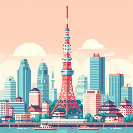 Tokyo Sky Tree, Japan. Vector illustration in retro style.のイラスト素材