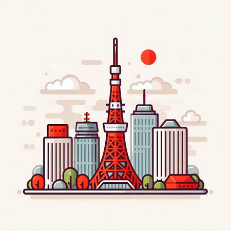 Paris city skyline with Eiffel tower. Flat style vector illustration.のイラスト素材