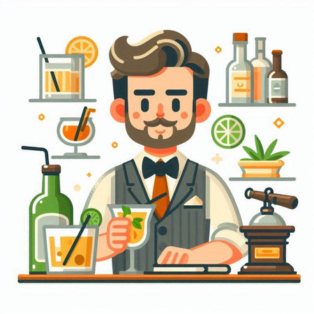Bartender with a glass of alcoholic drink. Vector illustration.のイラスト素材