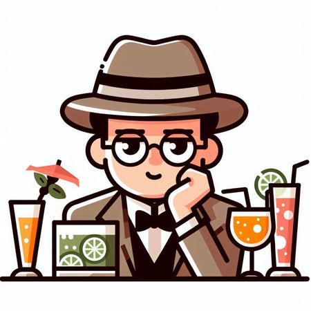 Bartender in a hat and glasses with a cocktail. Vector illustration.のイラスト素材