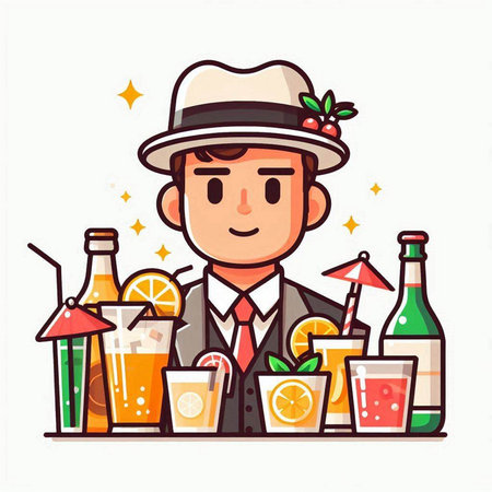 Cocktail barman with glasses of drinks. Vector illustration.のイラスト素材
