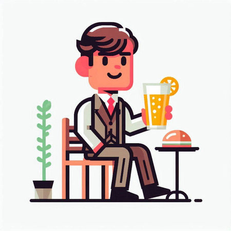 Businessman drinking beer in cafe. Vector illustration in cartoon style.のイラスト素材