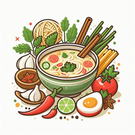 Thai noodle soup in bowl with ingredients, vector illustration.のイラスト素材