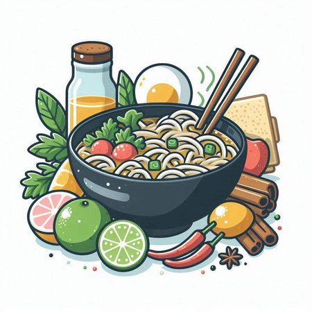 Illustration of bowl with noodle and ingredients on white background.のイラスト素材