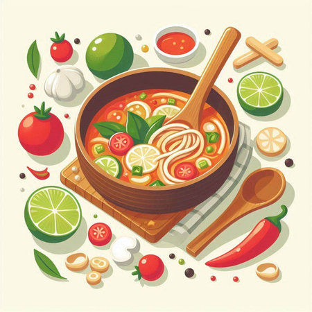Illustration of a bowl of spicy soup with ingredients in the backgroundのイラスト素材