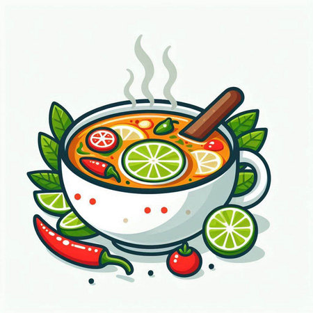 Illustration of a bowl of spicy Thai soup with lime and pepperのイラスト素材