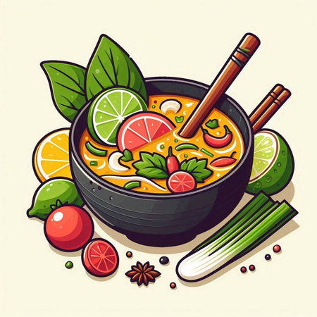 Curry soup in bowl with chopsticks and vegetables. Vector illustration.のイラスト素材