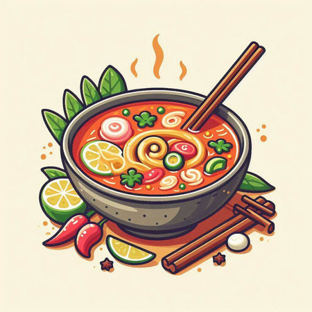 Illustration of spicy soup in bowl with chopsticks and ingredients.のイラスト素材