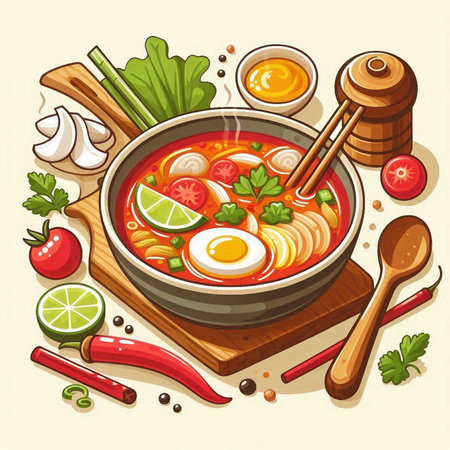 Asian noodle soup in bowl with chopsticks and ingredients. Vector illustration.のイラスト素材