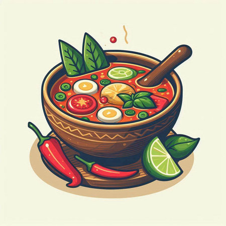 Tom Yum soup, Thai traditional food. Vector illustration in cartoon style.のイラスト素材