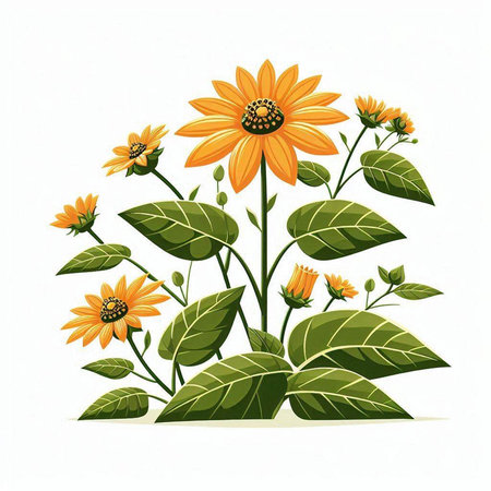 Yellow flowers and green leaves isolated on white background. Vector illustration.のイラスト素材