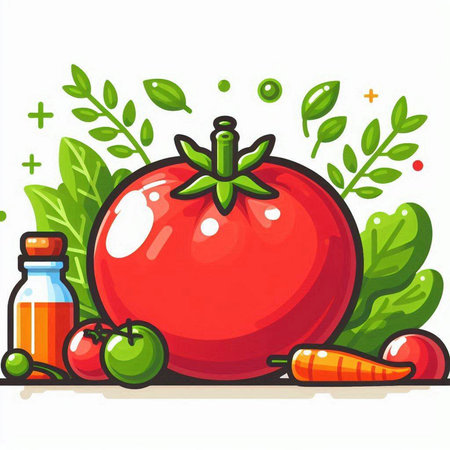 Tomato and fresh vegetables on white background. Vector cartoon illustration.のイラスト素材