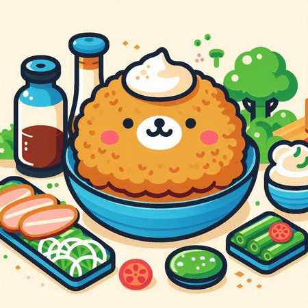 Illustration of a rice bowl with kawaii food characters.のイラスト素材