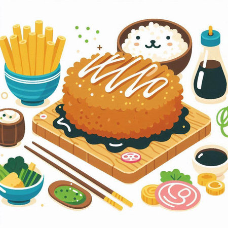 Illustration of Japanese food menu with soy sauce, rice and chopsticksのイラスト素材