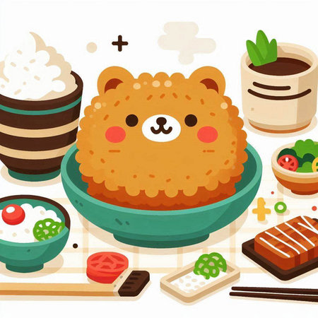 Illustration of a Cute Bear Eating Japanese Food in a Bowlのイラスト素材