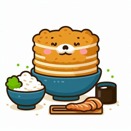 Cute kawaii pancakes with chopsticks and rice. Vector illustration.のイラスト素材