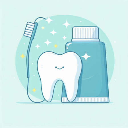 tooth with toothpaste and toothbrush over blue background colorful design vector illustrationのイラスト素材