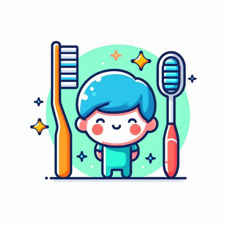 Cute boy with toothbrushes. Vector illustration in flat styleのイラスト素材