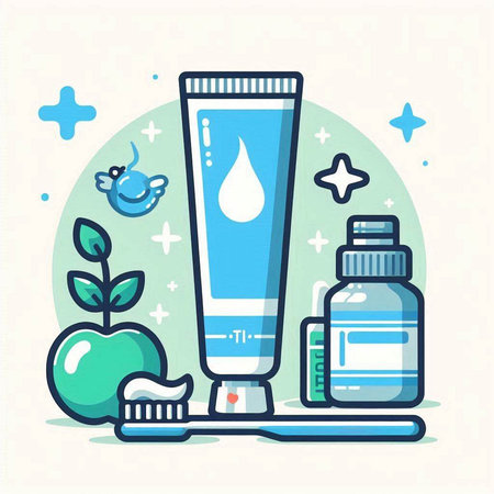 Vector illustration of toothpaste, toothbrush, toothpaste, toothpaste, toothpaste and apple.のイラスト素材