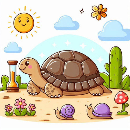 Cartoon Illustration of Cute Tortoise Animal Character in the Desertのイラスト素材