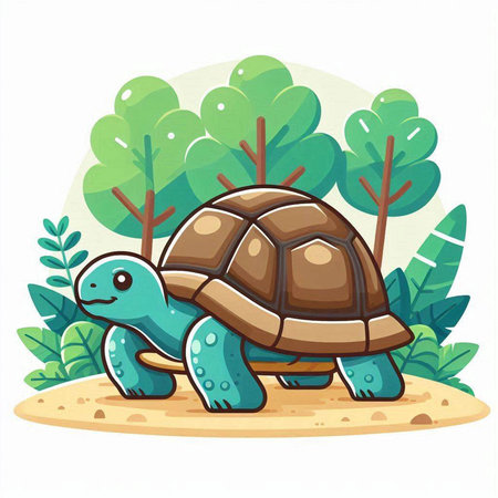 Turtle on the island in the jungle. Cartoon vector illustration.のイラスト素材