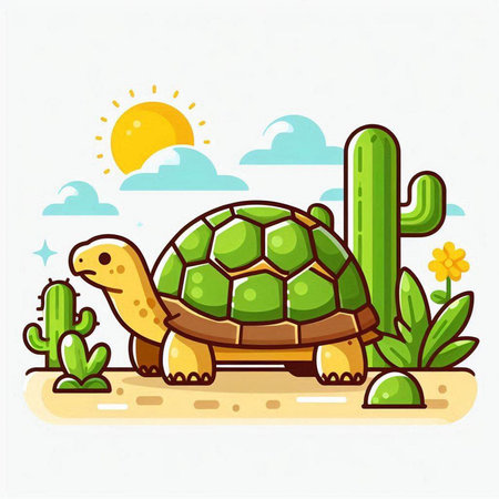 Turtle in desert with cactus and sun. Vector illustration.のイラスト素材