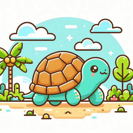 Cute cartoon turtle on the beach. Vector illustration in flat styleのイラスト素材