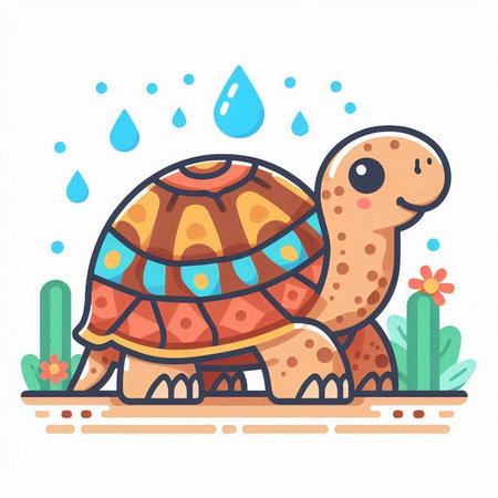 Cute cartoon turtle with rain drops. Vector illustration in flat style.のイラスト素材