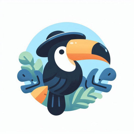 Hand drawn toucan in a hat on a background of palm leaves. Vector illustration.のイラスト素材