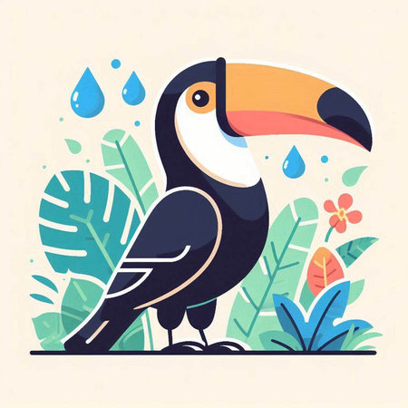 Toucan with tropical leaves and raindrops. Vector illustration.のイラスト素材