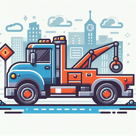Vector illustration of tow truck on city background. Flat style design.のイラスト素材