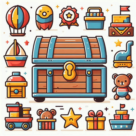 Set of children's toys. Vector illustration of a treasure chest.のイラスト素材