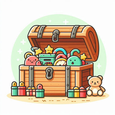 Treasure chest filled with toys. Vector illustration in cartoon style.のイラスト素材