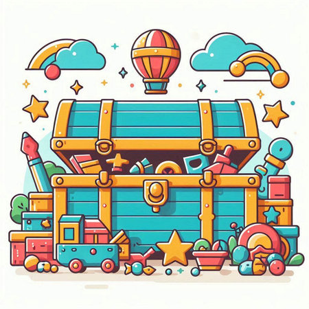 Vector illustration of a set of toys for children in the form of a treasure chestのイラスト素材