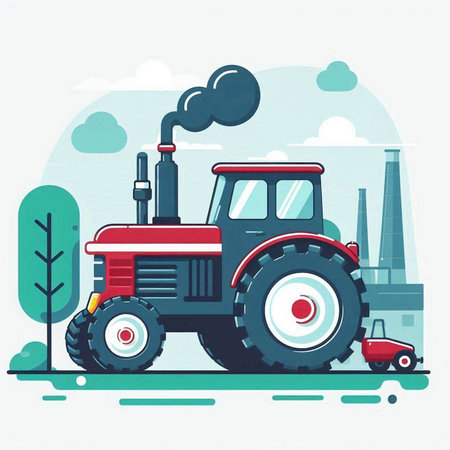 Tractor in the countryside. Vector illustration in flat design style.のイラスト素材