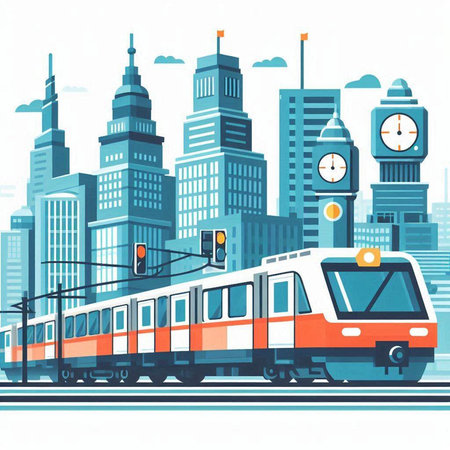 Modern train on the background of the modern city. Vector illustration.のイラスト素材